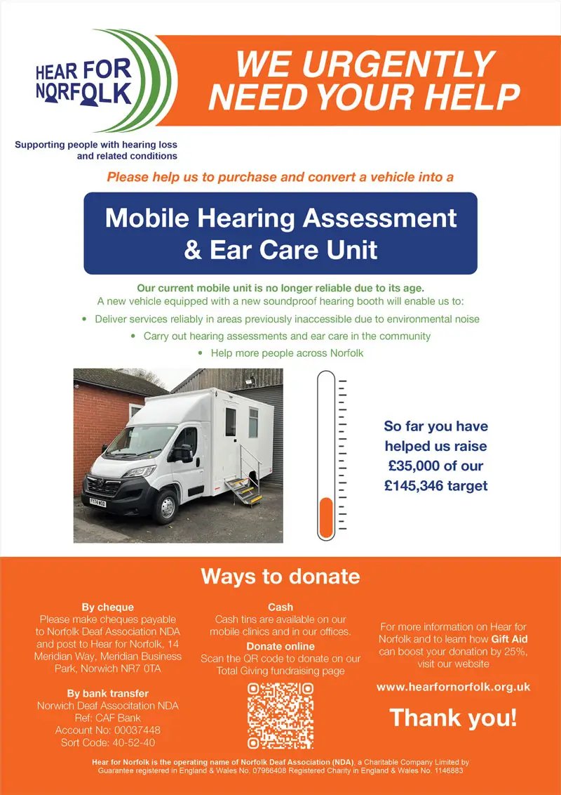 A flyer urgently appealing for help to buy a new mobile hearing unit for Hear for Norfolk, featuring a photo of the current van, listing donation methods, and showing fundraising progress.