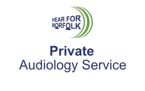 Logo for Hear for Norfolk with curved green lines, above the text Private Audiology Service in blue on a white background, representing a dedicated Audiology service.